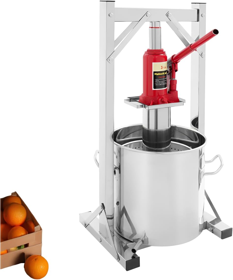 Prensa hidráulica para frutas de 12 L, prensa de acero inoxidable 304 con gato hidráulico de 3 T, exprimidor manual, cubo de filtro interior, prensa para vino, prensa para sidra, ideal para vino, mosto y zumos de frutas