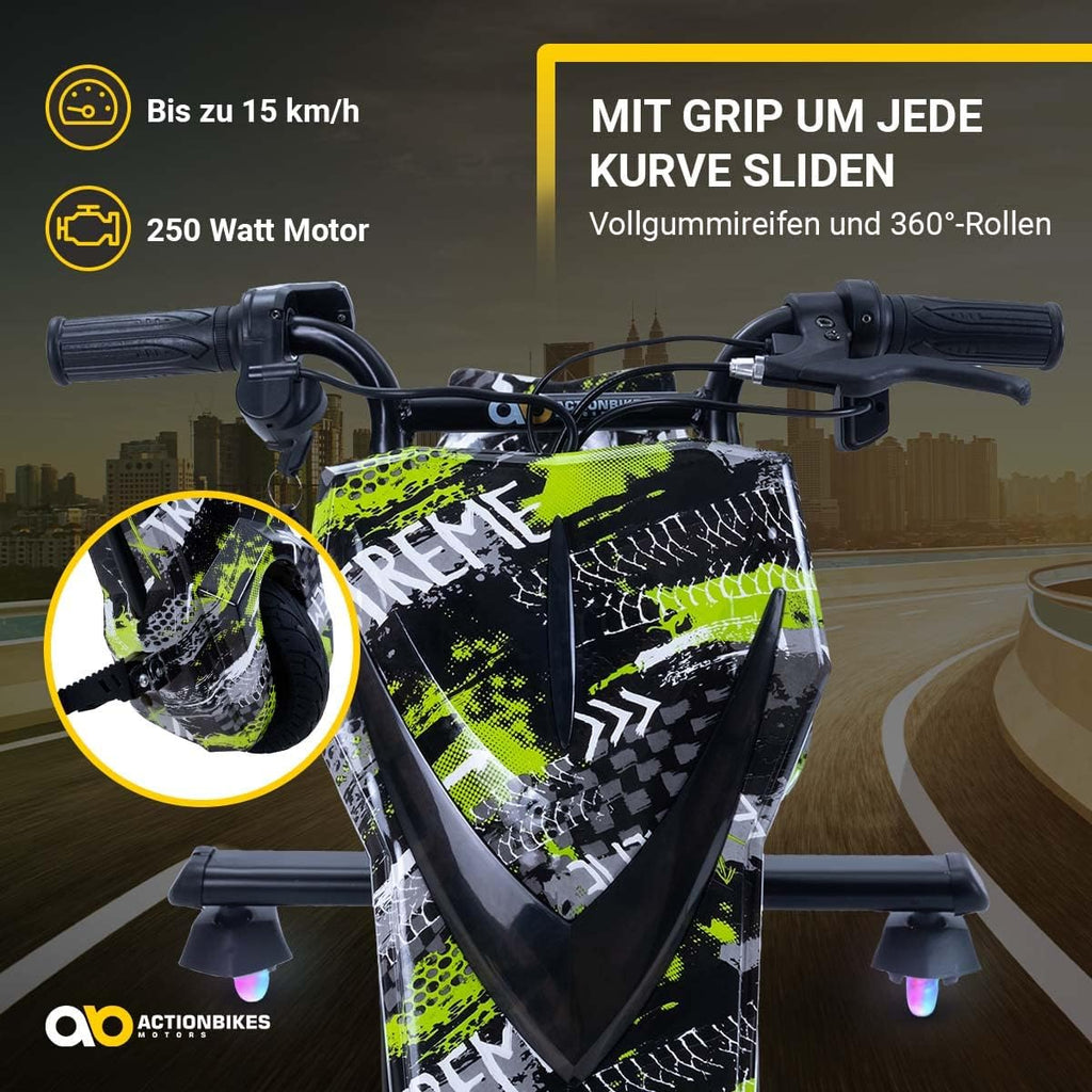 Actionbikes Motors Patinete Eléctrico Infantil para Derrapes | Motor de 𝟐𝟓𝟎 W - Carrito de Derrape 360° - 3 Niveles de Velocidad - Iluminación LED - Asiento Ajustable - Bluetooth - Kart de Derrape - Coche de Derrape (Space Purple)