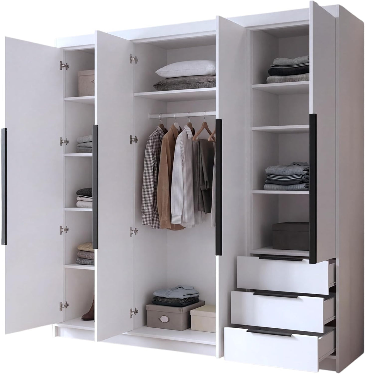 Armario de 4 puertas A und J MöbelLand VIVO con espejo y cajones - 200 x 215 cm - Armario de puertas batientes con barra para ropa y estantes