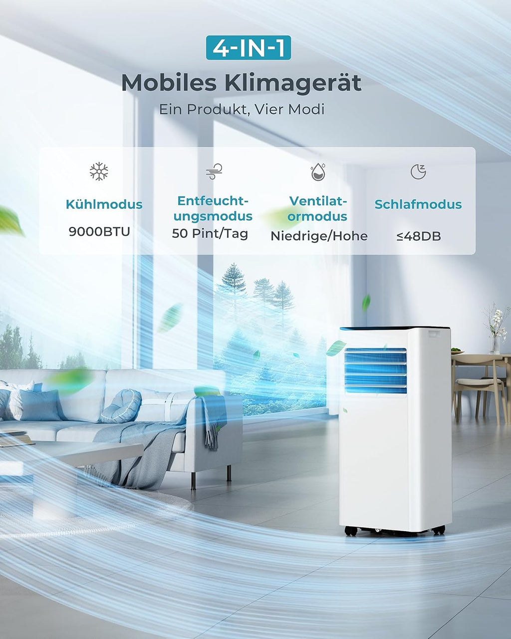 Aire acondicionado portátil 9000 BTU con tubo de escape | Aire acondicionado móvil 4 en 1 | Funcionamiento silencioso