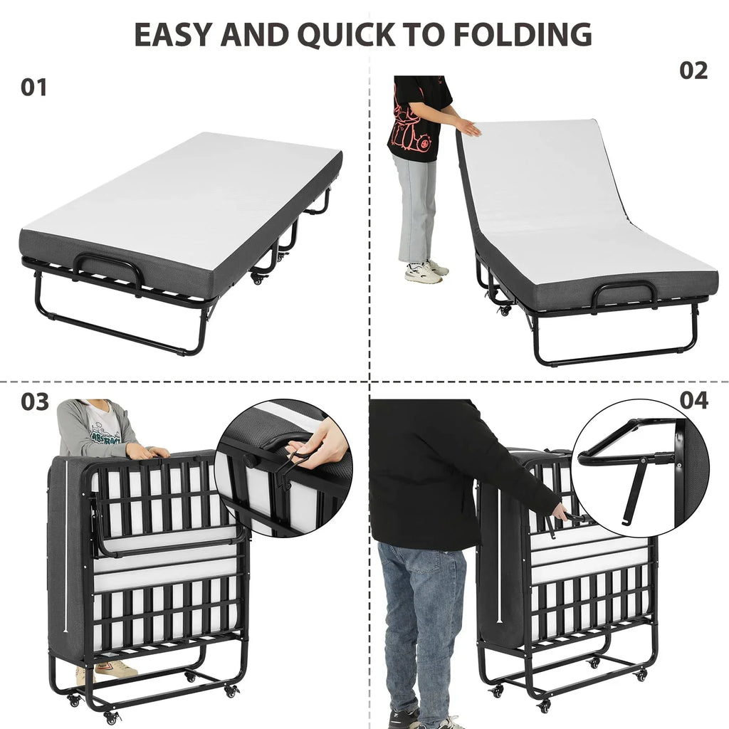 Cama plegable DICTAC 90x200cm para adultos con colchón de espuma viscoelástica de 13cm, estructura metálica plegable con ruedas, capacidad de carga de 200kg