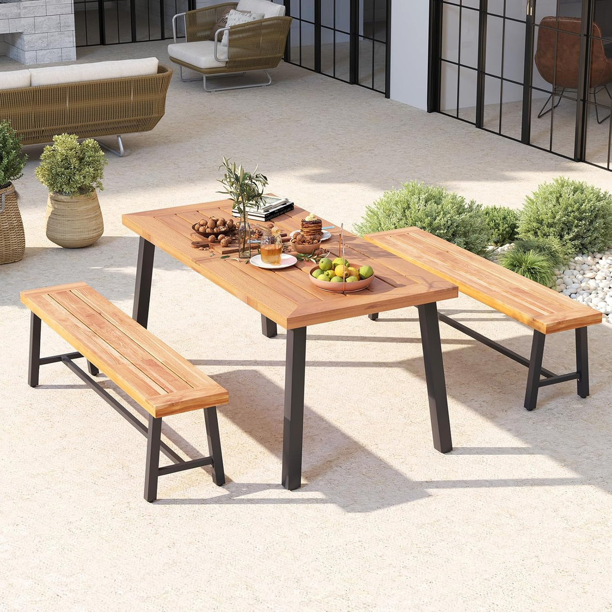 COSTWAY Banco de jardín resistente a la intemperie, banco de 3 plazas sin respaldo, banco de parque de madera de acacia y metal, banco de terraza con capacidad de carga de hasta 360 kg, banco de balcón para jardín, balcón, terraza, 160 x 32 x 45 cm