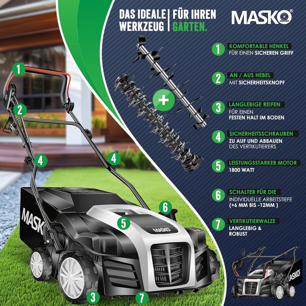 MASKO® Elektro 2in1 Vertikutierer Rasenlüfter 1800W 40cm Arbeitsbreite 55L Fangkorb mit Lüfterwalze Lüfter Moosentferner, 20 Stahlmesser, 5-stufige Arbeitstiefe einstellbar höhenverstellbarer Holm