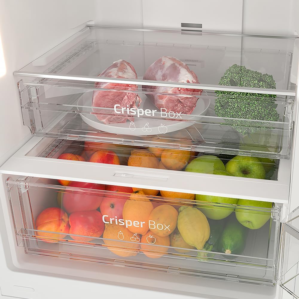 Frigorífico combi Cecotec Bolero CoolMarket Combi 356 White Glass E. 356L, Total No Frost, Multi Airflow, modo vacaciones, Humidity Box, puerta reversible, alarma de puerta.