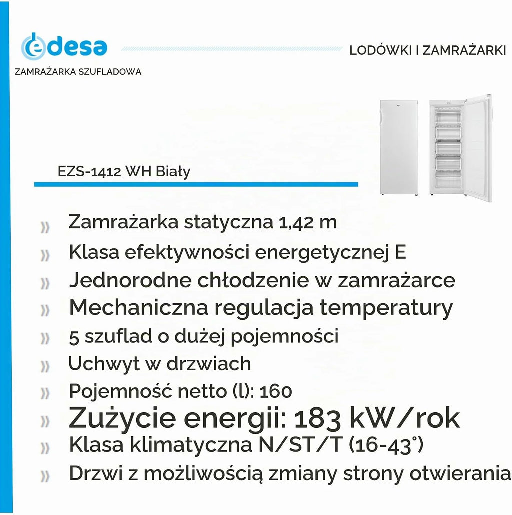 Edesa EZS-1412 WH zamrażarka statyczna wysokość 1,42 m zimna jednorodna regulacja mechaniczna temperatura 5 szuflad duża pojemność 160 l klamka dwustronna biała