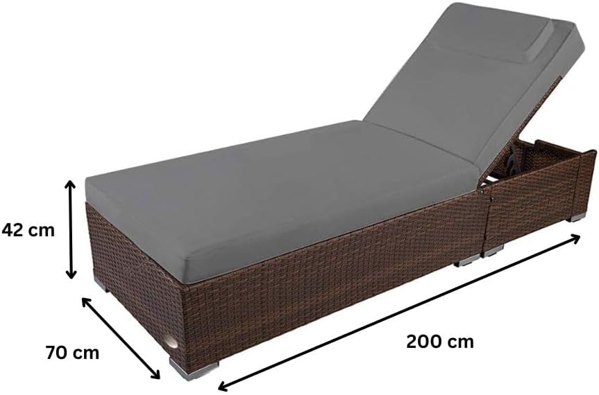 Tumbona de jardín RS Trade resistente a la intemperie de ratán sintético con ruedas – Tumbona de exterior de ratán con respaldo ajustable en varias posiciones para jardín, terraza, balcón y piscina, marrón con cojín gris