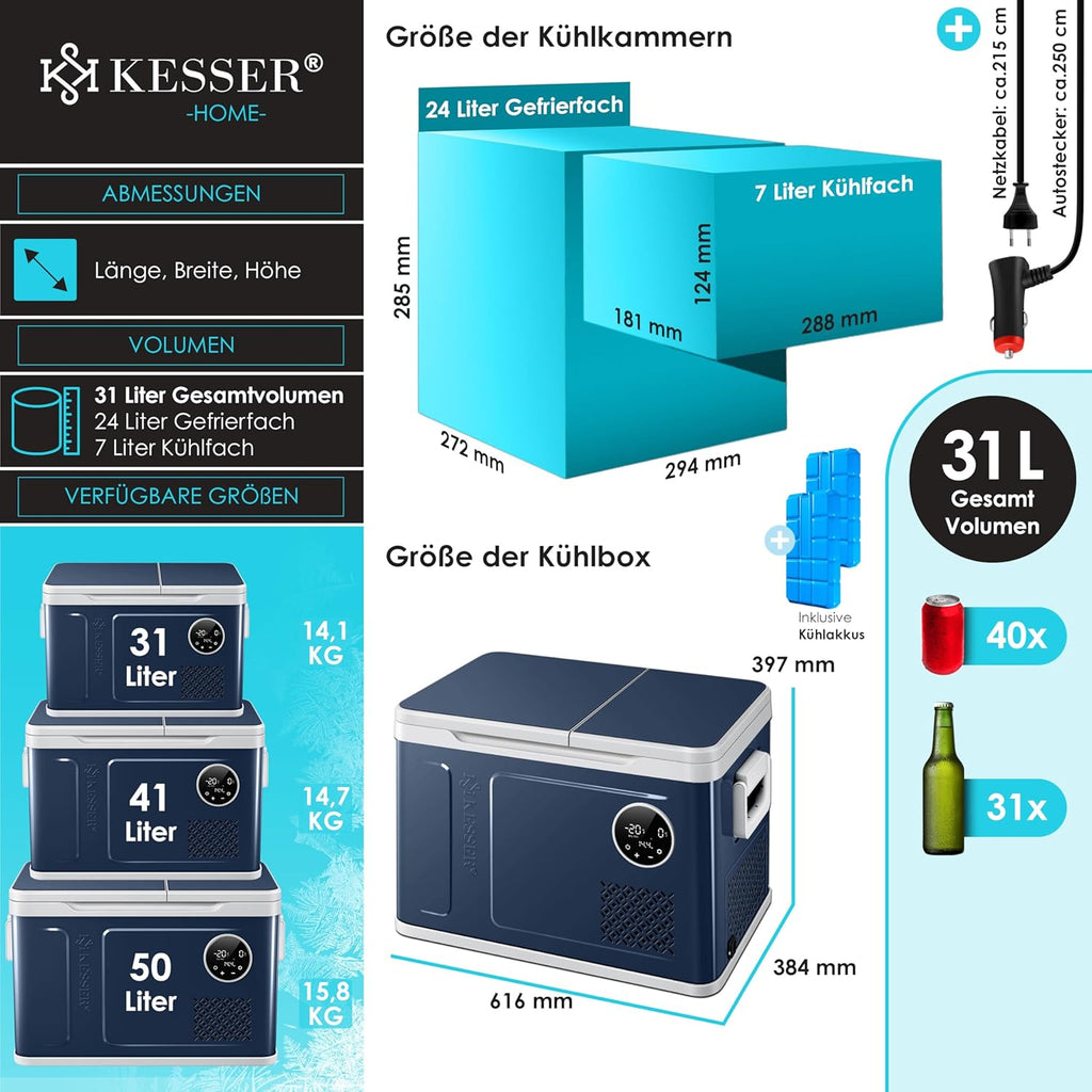 Nevera portátil con compresor KESSER 2 en 1 de doble zona, refrigeración y congelador eléctrico con 2 acumuladores de frío y panel táctil LED | Refrigerador con enfriamiento hasta -20 °C para camping, coche, camión 12/24V 230V