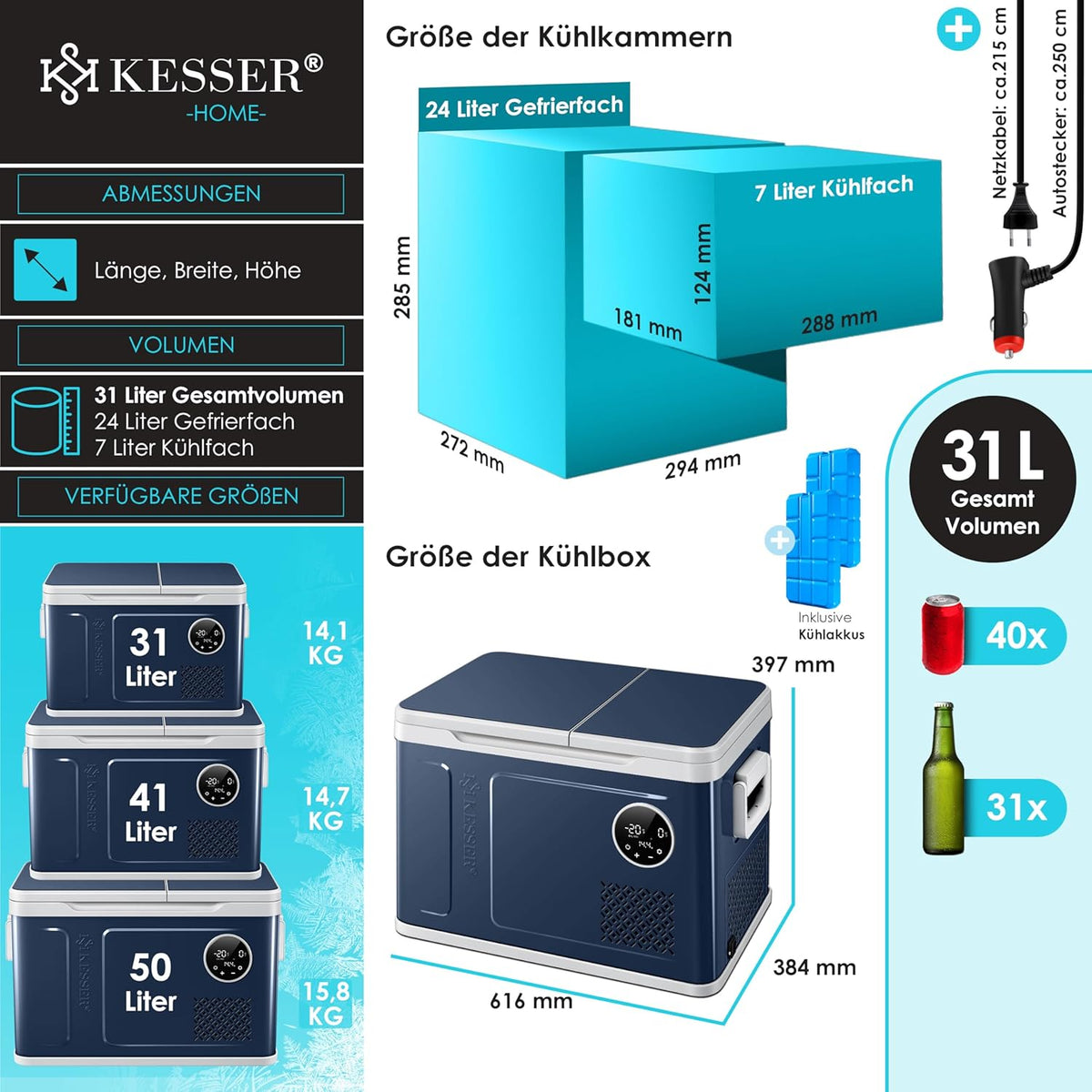 Nevera portátil con compresor KESSER 2 en 1 de doble zona, refrigeración y congelador eléctrico con 2 acumuladores de frío y panel táctil LED | Refrigerador con enfriamiento hasta -20 °C para camping, coche, camión 12/24V 230V