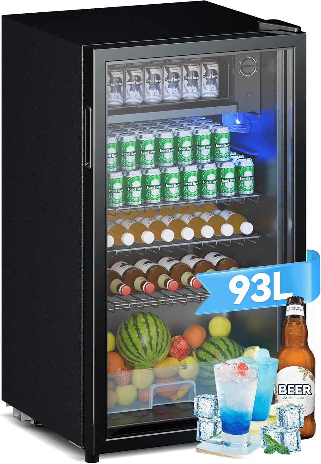Devoko Nevera para bebidas de 93 L con puerta de cristal - Mininevera con luces LED RGB y estantes ajustables para uso interior/exterior. El refrigerador perfecto para su hogar, oficina, bar o fiesta.