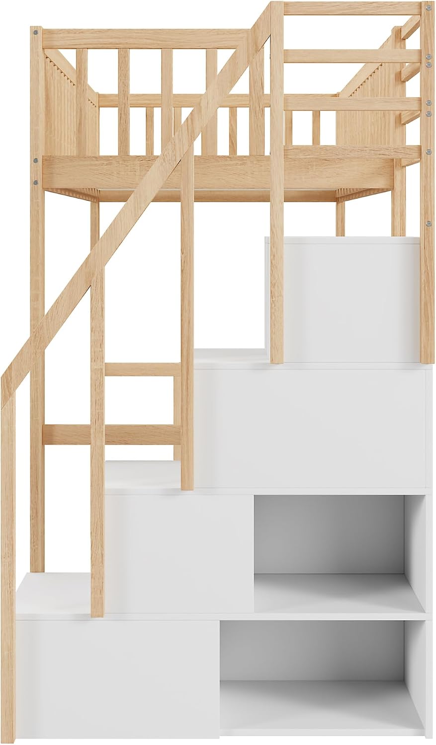 Cama alta Moimhear 90x200 cm con escalera de seguridad y almacenamiento, estructura de cama de madera de pino maciza para niños y jóvenes (color madera + blanco)
