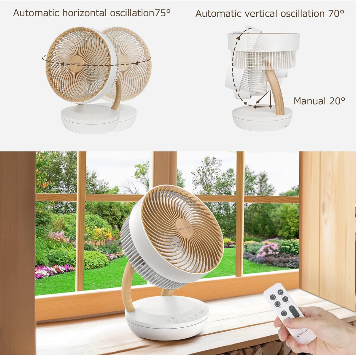 Ventilador MYCARBON muy silencioso, motor DC 20dB, caudal de aire 1850m³/h, 8 velocidades, modo ECO, ventilador de mesa, circulador de aire 3D para dormitorio de 30m², ventilador turbo, temporizador de 8h