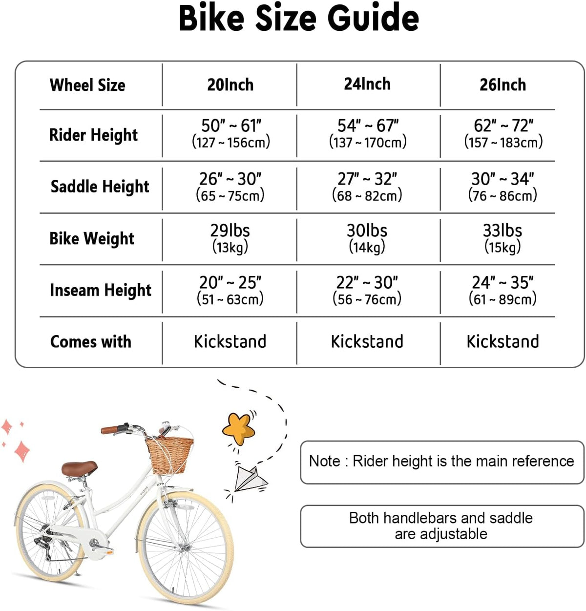 Glerc Missy 20, 24, 26 pulgadas bicicleta híbrida urbana tipo crucero para niñas, de 6 velocidades, con cesta de mimbre, para jóvenes mayores de 6 años, varios colores