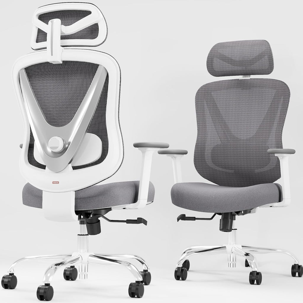 HOLLUDLE Ergonomiczne Krzesło Biurowe z Podparciem Lędźwiowym 3D & Podłokietnikami 3D | V-Kształt Design | Do Biura, Domu, Gamingu | Białe