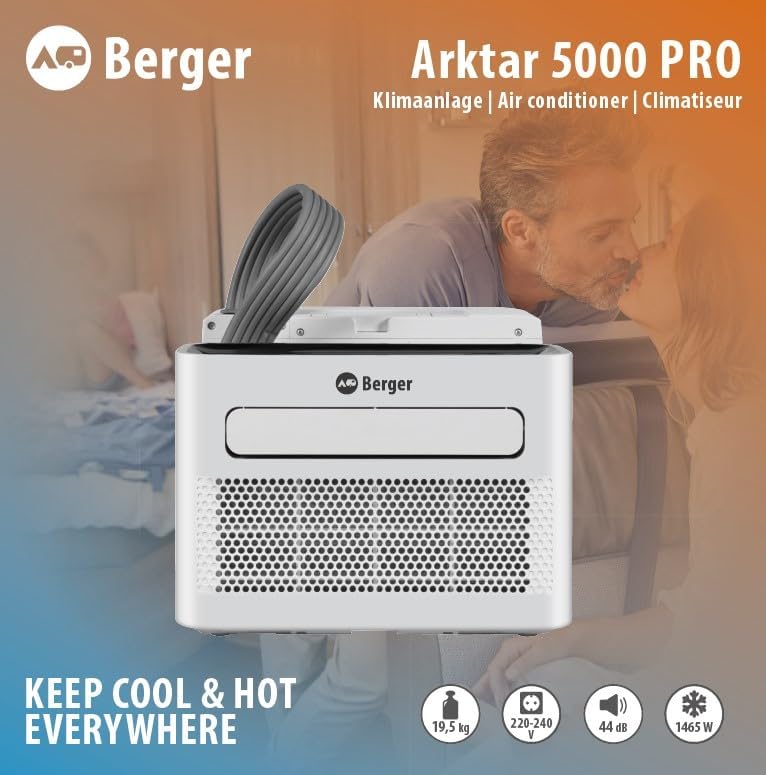 Aire acondicionado portátil BERGER Arktar 5000 Pro con calefacción | Aire acondicionado móvil para camping, caravanas y autocaravanas | Unidad de aire acondicionado para refrigeración y deshumidificación | Control por aplicación y función de temporizador