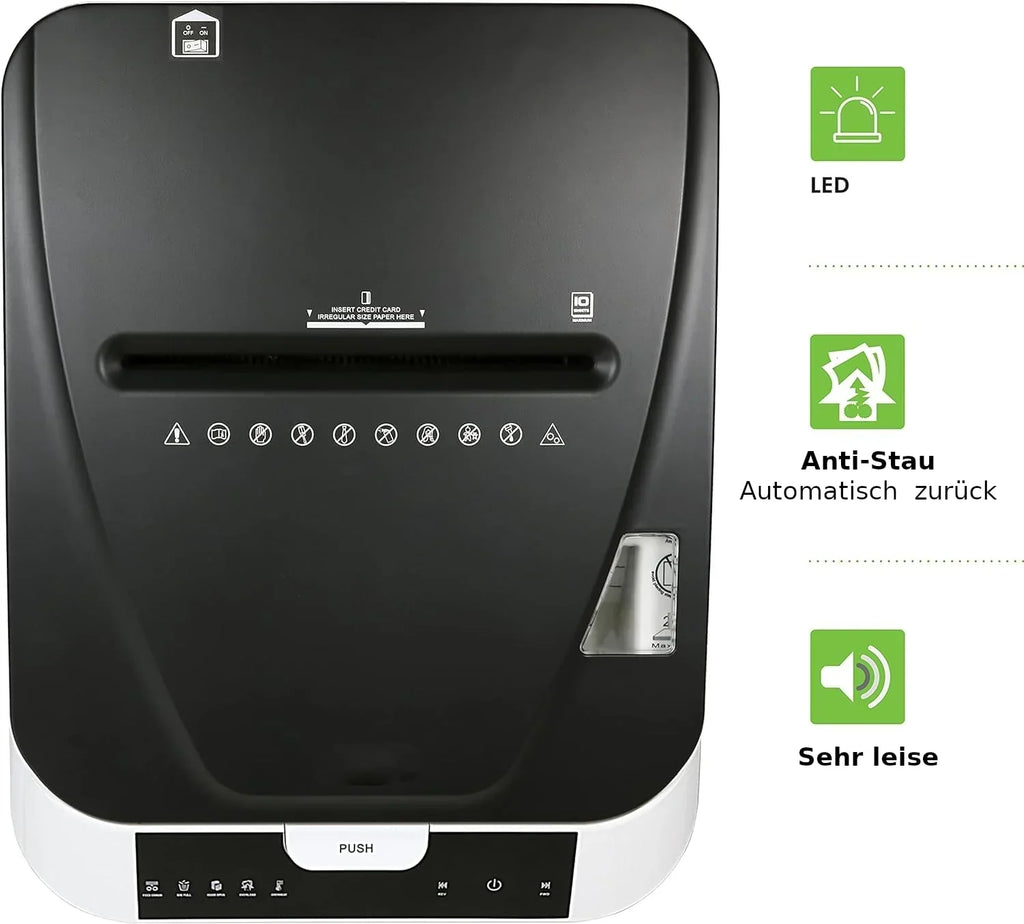 Destructora de documentos LMG Alemania con alimentación automática P4, 180 hojas, corte cruzado, apagado automático, 58 dB, 32 litros, pantalla táctil, compatible con RGPD