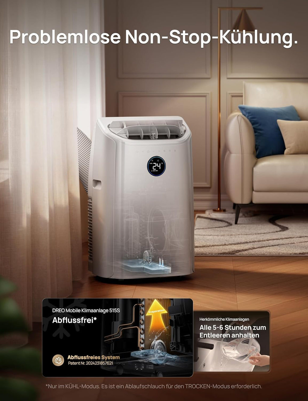 Aire acondicionado portátil DREO, 10.000 BTU para dormitorio, 3 en 1: refrigeración/ventilación/deshumidificación, enfriamiento sin drenaje, control por aplicación/voz/mando a distancia, temporizador de 24 horas, AC515S