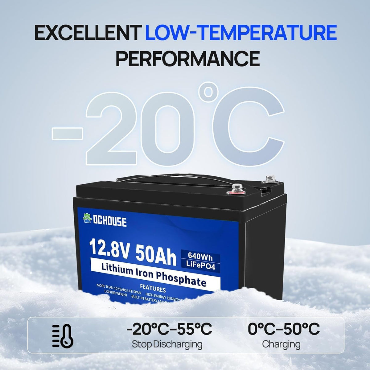 Batería de litio LiFePO4 DCHOUSE 12V 50Ah, BMS integrado, vida útil de 10 años, más de 4000 ciclos, perfecta para barcos, aplicaciones marinas, motores de arrastre, camping, energía solar/eólica