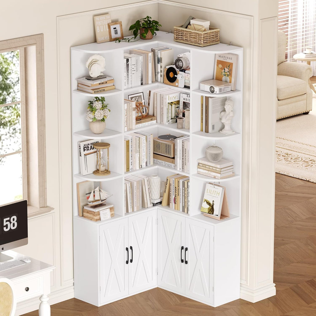 Librería FirFurd de 187 cm con puertas, estantería esquinera con 12 compartimentos, armario para libros en forma de L, vitrina de madera, armario alto, estante con puertas para salón, estudio, oficina, cocina, 187 x 80 x 80 cm, blanco