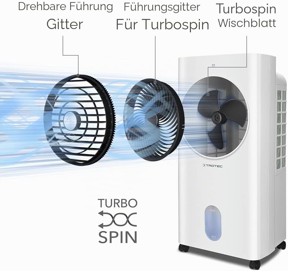 Refrigerador de aire portátil TROTEC PAE 31, climatizador 3 en 1, humidificador y ventilador, depósito de 6 l, capacidad de evaporación de 1,1 l/h, 3 niveles de ventilación, temporizador, modo nocturno