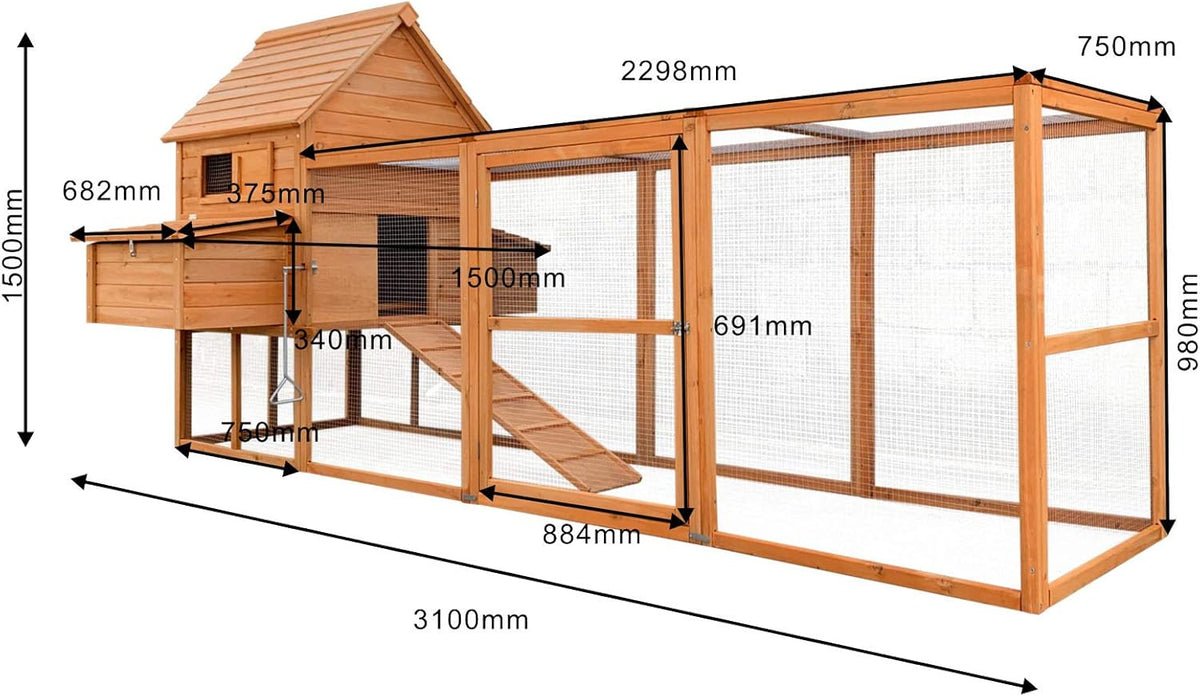 Gallinero Wiltec 3100 x 1500 x 1500 mm marrón con parque exterior y nidos de madera, gallinero con refugio, rejilla y bandeja de excrementos galvanizada