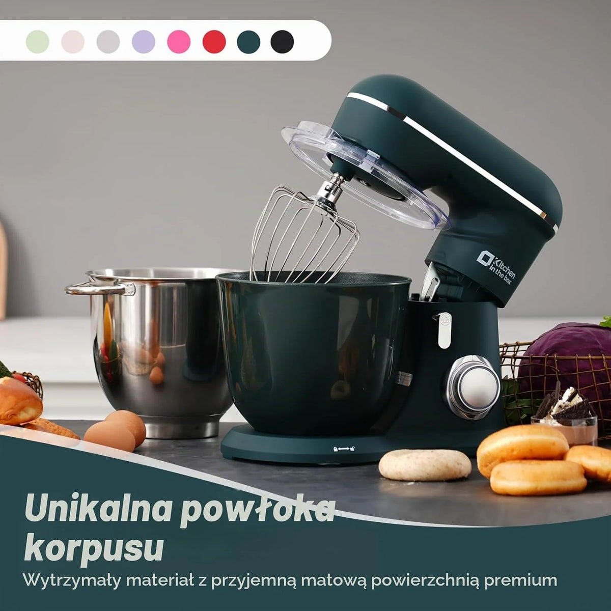 Kitchen in the Box Robot kuchenny, maszyna do ugniatania ciasta 4,5 l i 5 l, prędkość 10+P, z hakiem do zagniatania, mieszadłem i trzepaczką, 1300 W, ciemnozielony