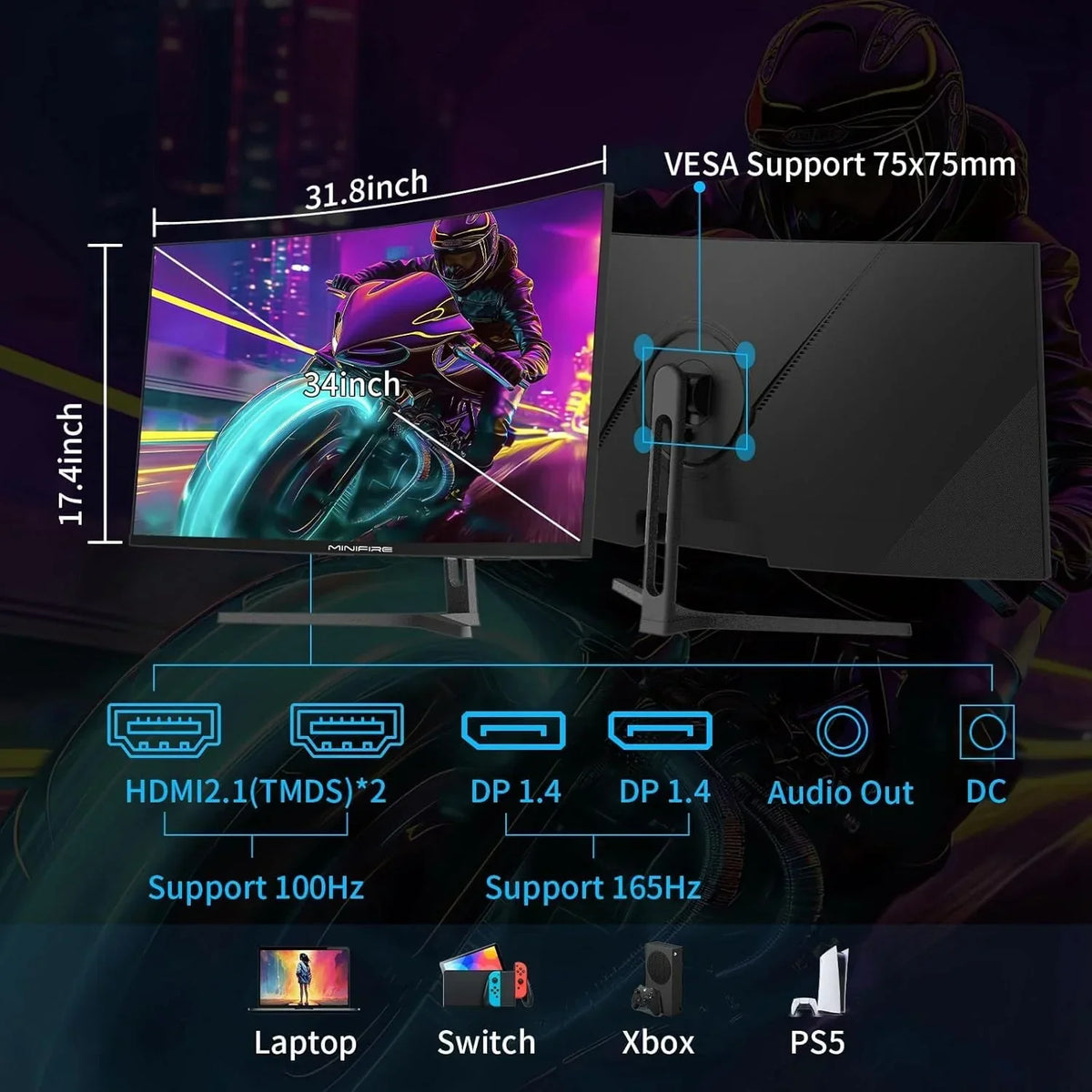 Monitor gaming curvo Minifire de 34 pulgadas 1500R 165Hz 3440x1440 1ms MPRT FreeSync HDR VA 2xHDMI 2.1 1xDP 1.4 MFG34C5Q