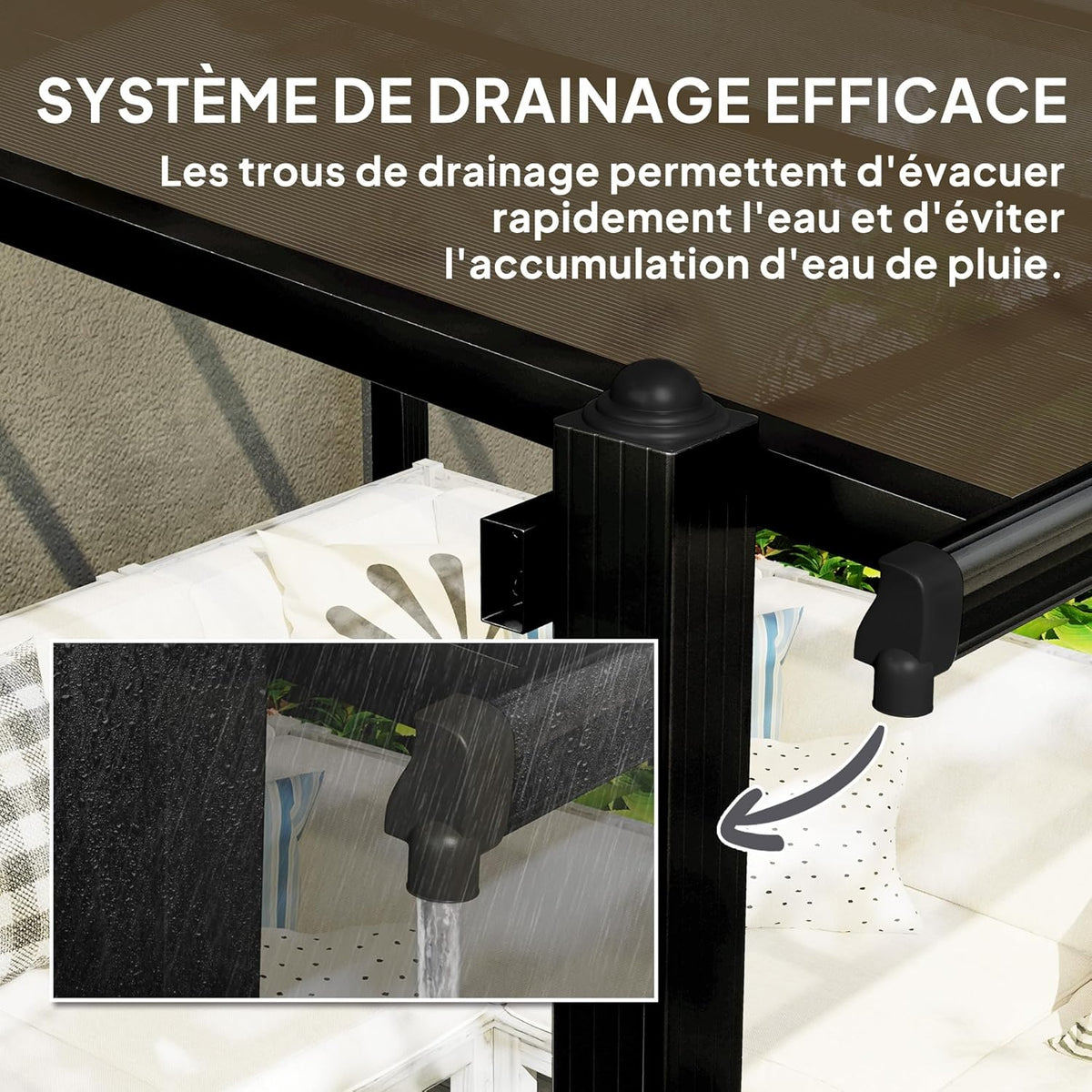 Pérgola de jardín Outsunny para exteriores de aluminio, 3 x 3 m, pérgola adosada con techo de policarbonato impermeable, sistema de drenaje, cenador con protección solar UPF30+ para terraza, patio y jardín, gris