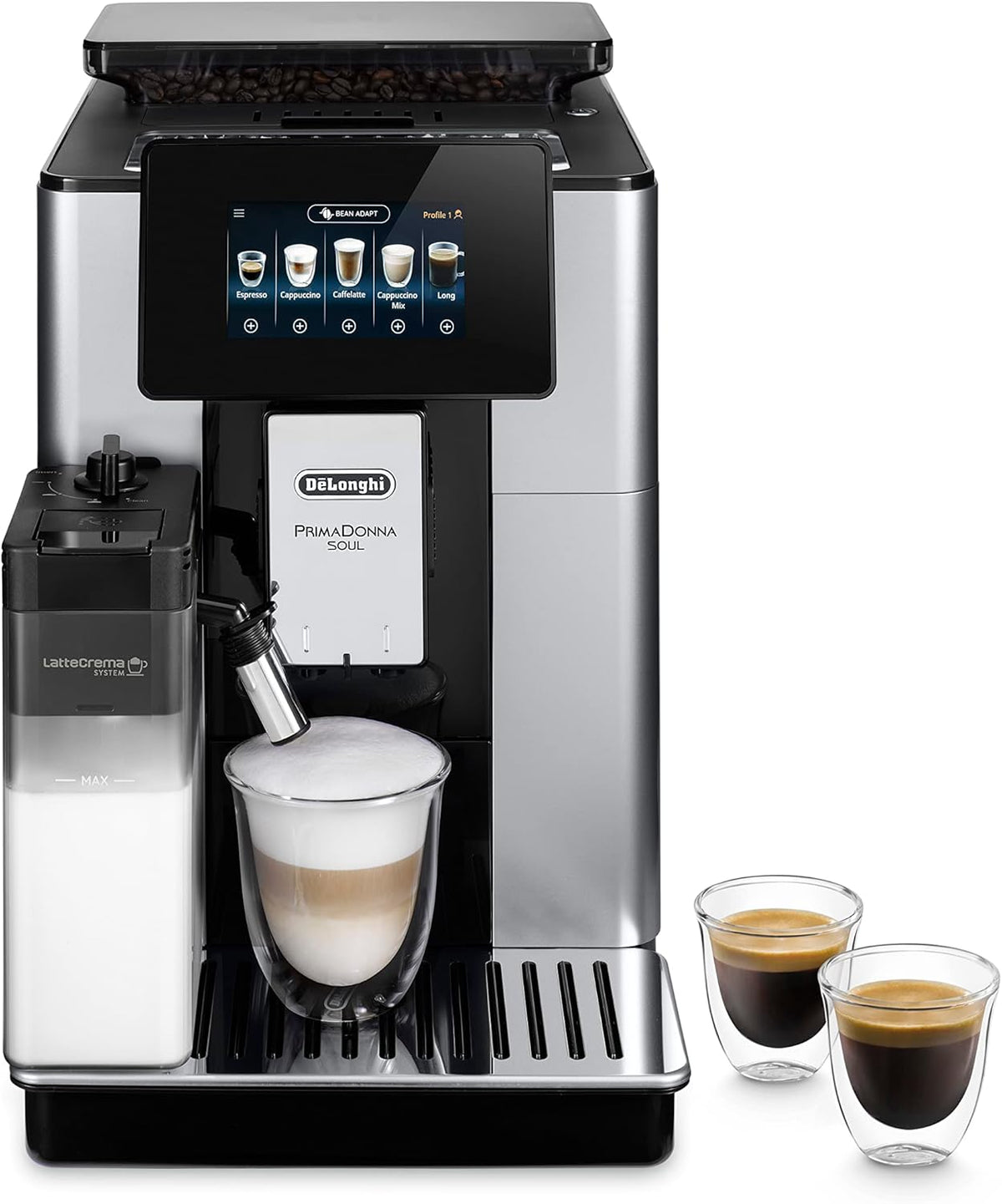 Cafetera superautomática De'Longhi PrimaDonna Soul Perfetto ECAM 612.55.SB con sistema de leche LatteCrema y tecnología Bean Adapt, 18 recetas, pantalla a color, control por aplicación, plateado/negro