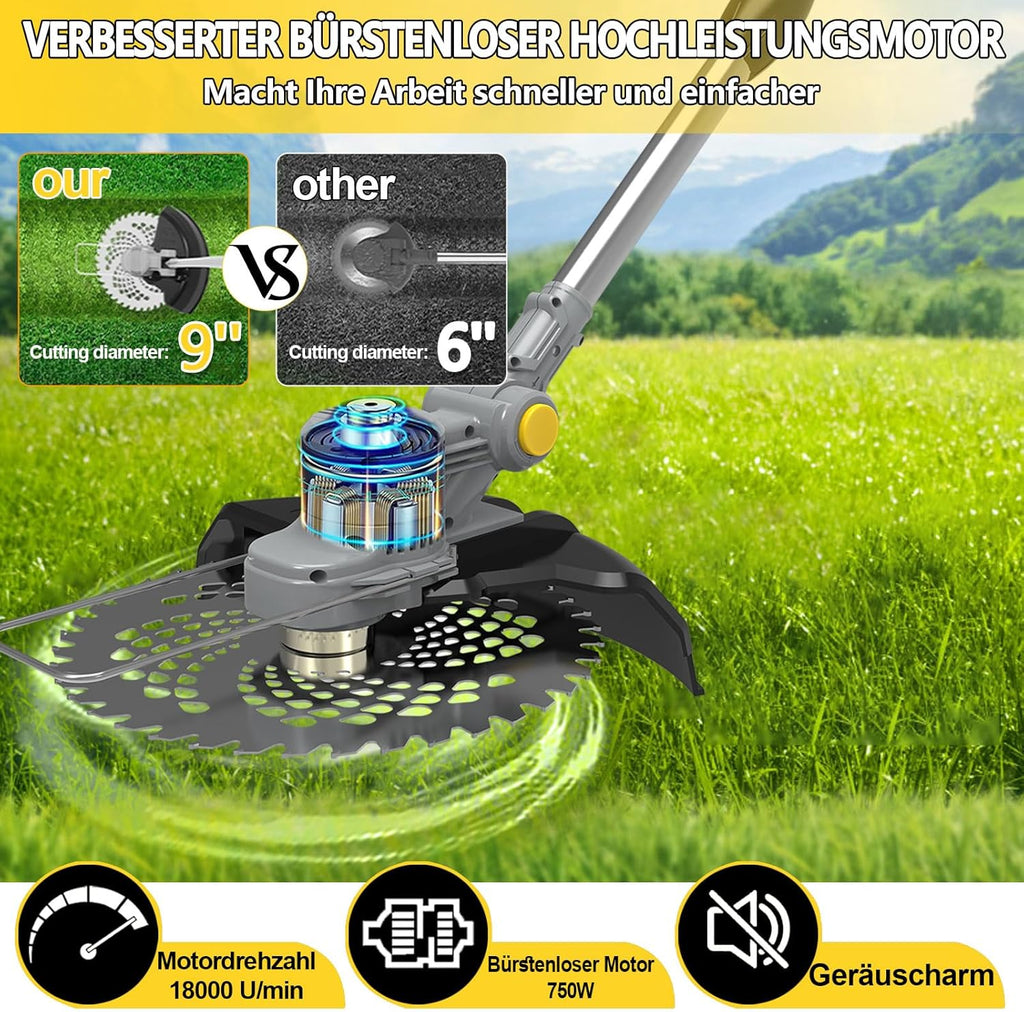 Cortacésped inalámbrico con batería y cepillo para malas hierbas 4 en 1, desbrozadora con cepillo para malas hierbas, desbrozadora sin escobillas de 21 V, cortacésped eléctrico con 2 baterías de 4.0 Ah, cargador, telescópico, ajustable, naranja