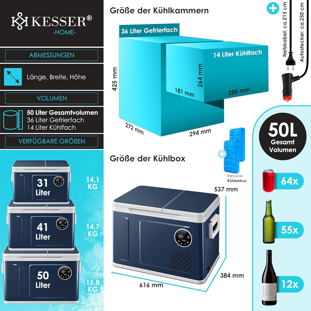 Nevera portátil con compresor KESSER 2 en 1 de doble zona, refrigeración y congelador eléctrico con 2 acumuladores de frío y panel táctil LED | Refrigerador con enfriamiento hasta -20 °C para camping, coche, camión 12/24V 230V