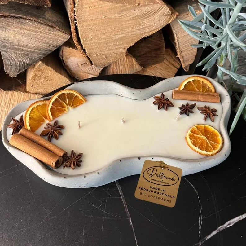 Vela de hormigón con cera de soja, aroma a toffee de vainilla, 3 mechas, 30 cm, naranja y canela