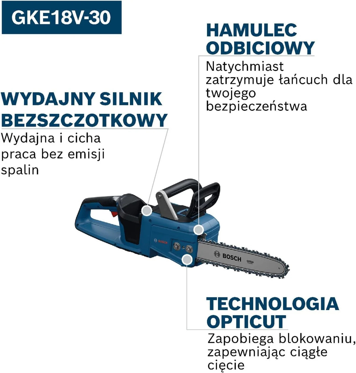 Bosch PRO Akumulatorowa pilarka łańcuchowa GKE18V-30 (prowadnica Oregon 30 cm, Opticut, prędkość łańcucha 12,4 m/s, bez akumulatora i ładowarki)