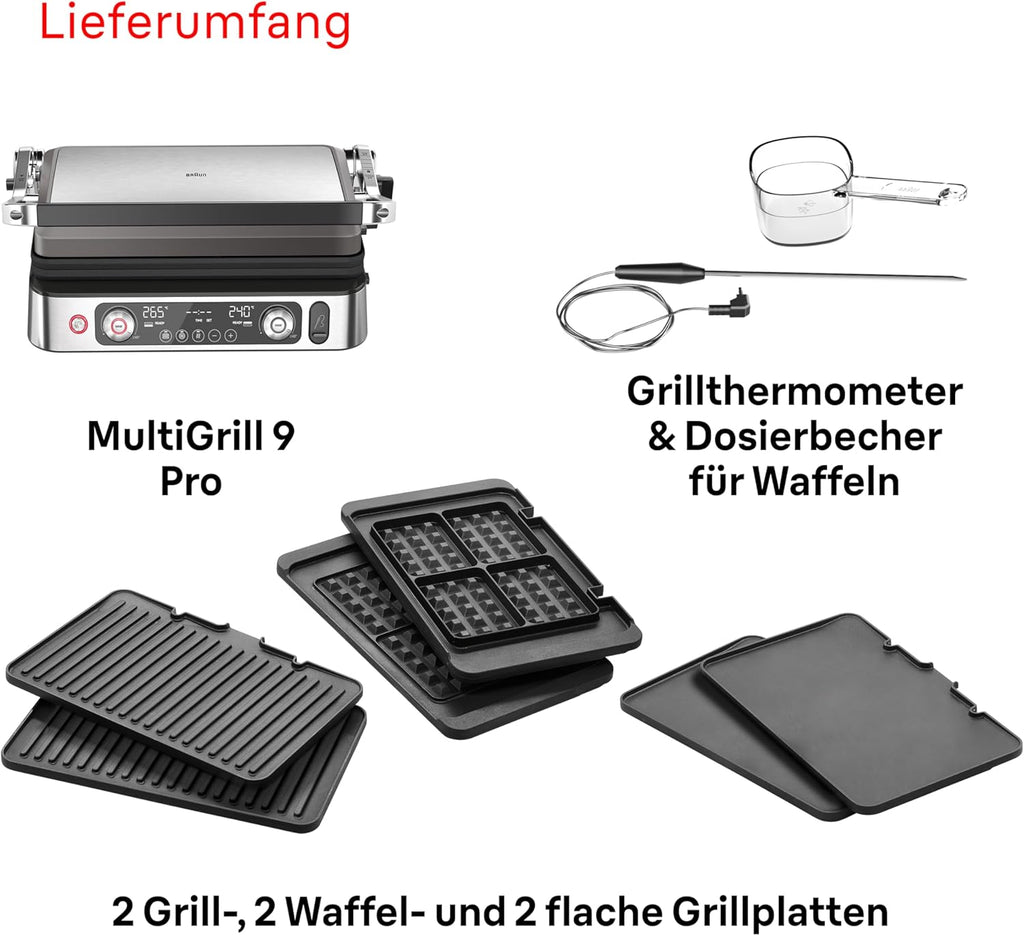 Braun MultiGrill 9 Pro CG 9167, parrilla de contacto con placas de grill, plancha y gofrera, y termómetro, posiciones de cocción: contacto, barbacoa, horno, placas aptas para lavavajillas, función Boost hasta 265°