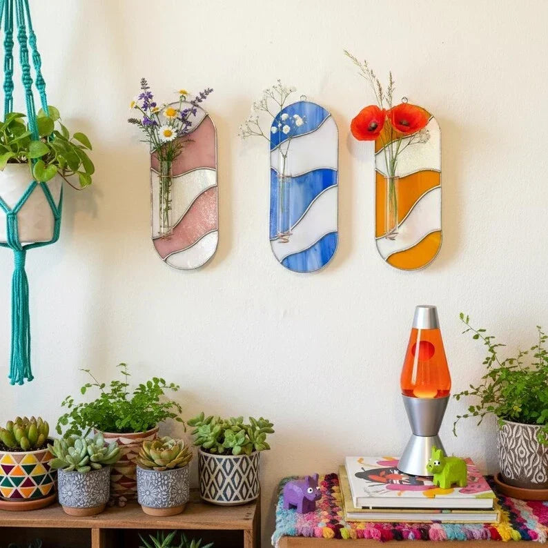 Jarrón de pared de vidrio tintado, onda naranja-rosa, técnica Tiffany con lámina de cobre, con tubo de ensayo | Estación de propagación, decoración de pared