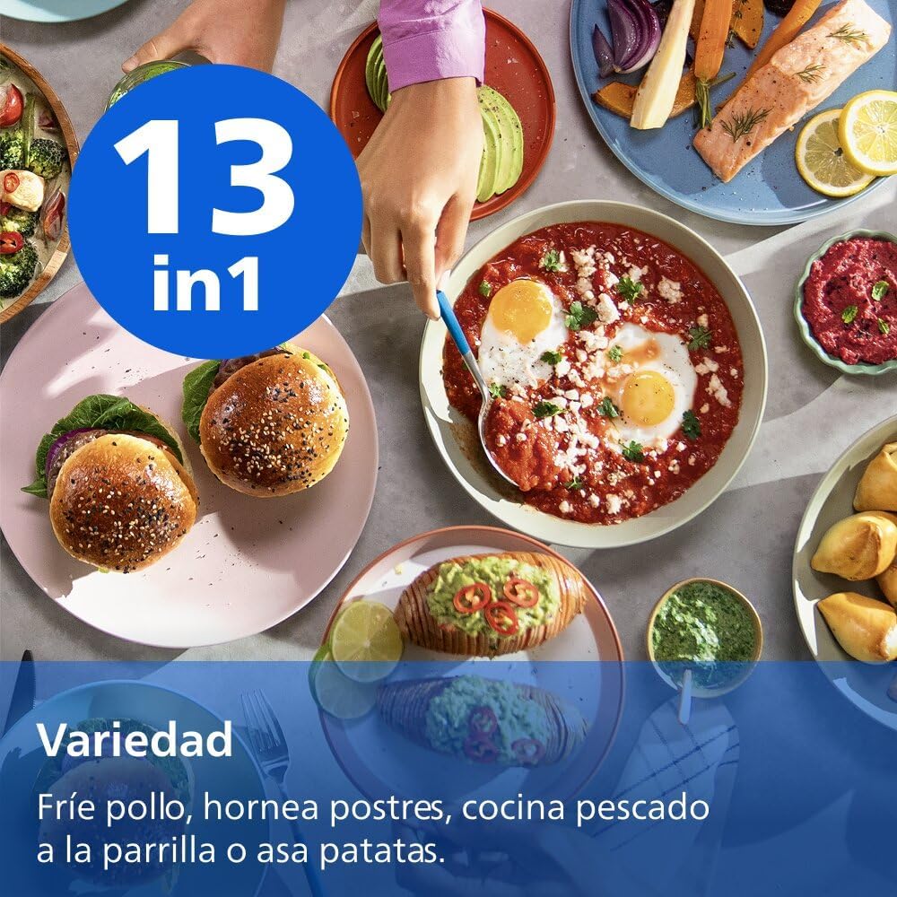 Philips Airfryer Serie 4000 de Doble Cesta Vertical 10L – Tecnología RapidAir, Sync, 2 cestas a la vez, 45% menos de espacio, revestimiento cerámico sin PFAS, ventanas de visualización (NA460/00)