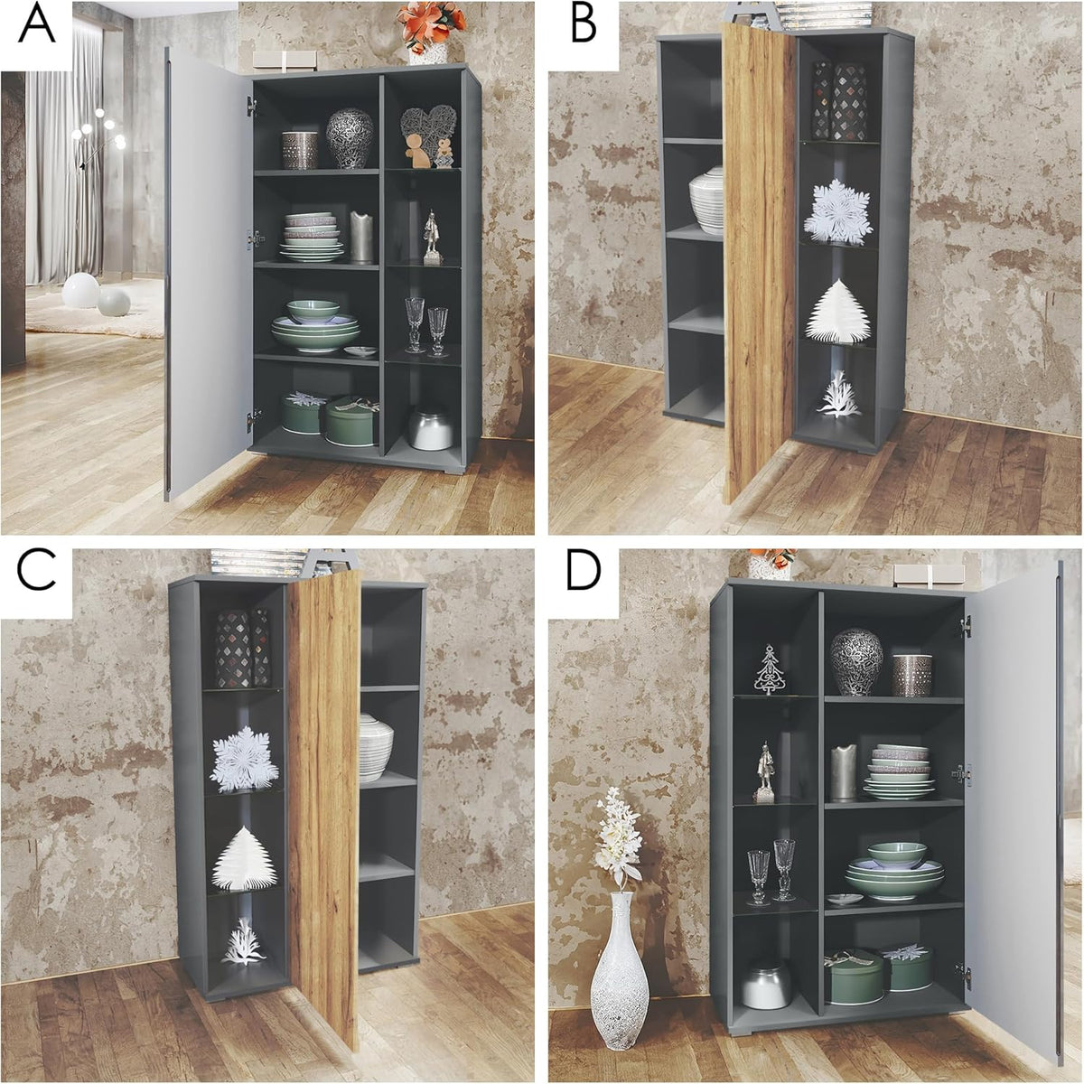 Mueble de salón Vladon Davos, compuesto por 2 vitrinas y 1 mueble para TV, antracita mate/blanco brillo, incl. iluminación LED (329 x 134 x 35 cm)