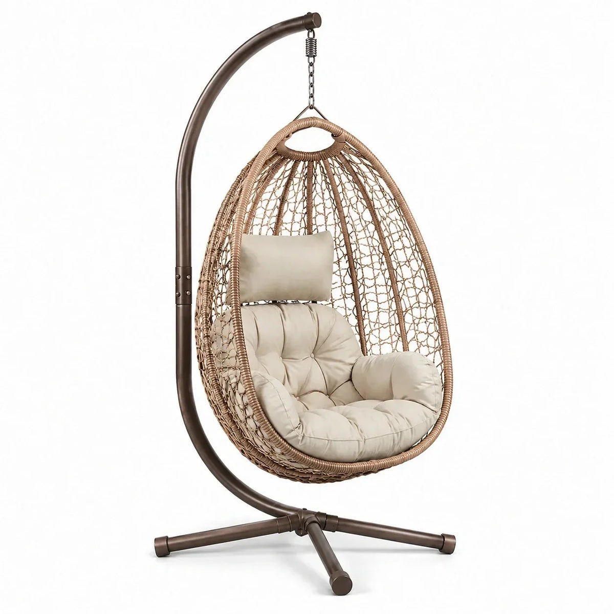 Sillón colgante de ratán y acero beige con soporte