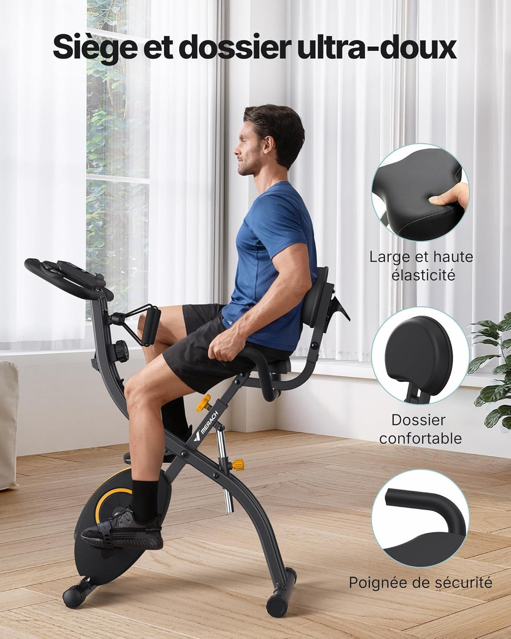 MERACH Bicicleta estática plegable 4 en 1, bicicleta estática con monitor LCD y sensor de pulso manual, bicicleta de fitness magnética con cojín de asiento cómodo, para el hogar, ahorra espacio