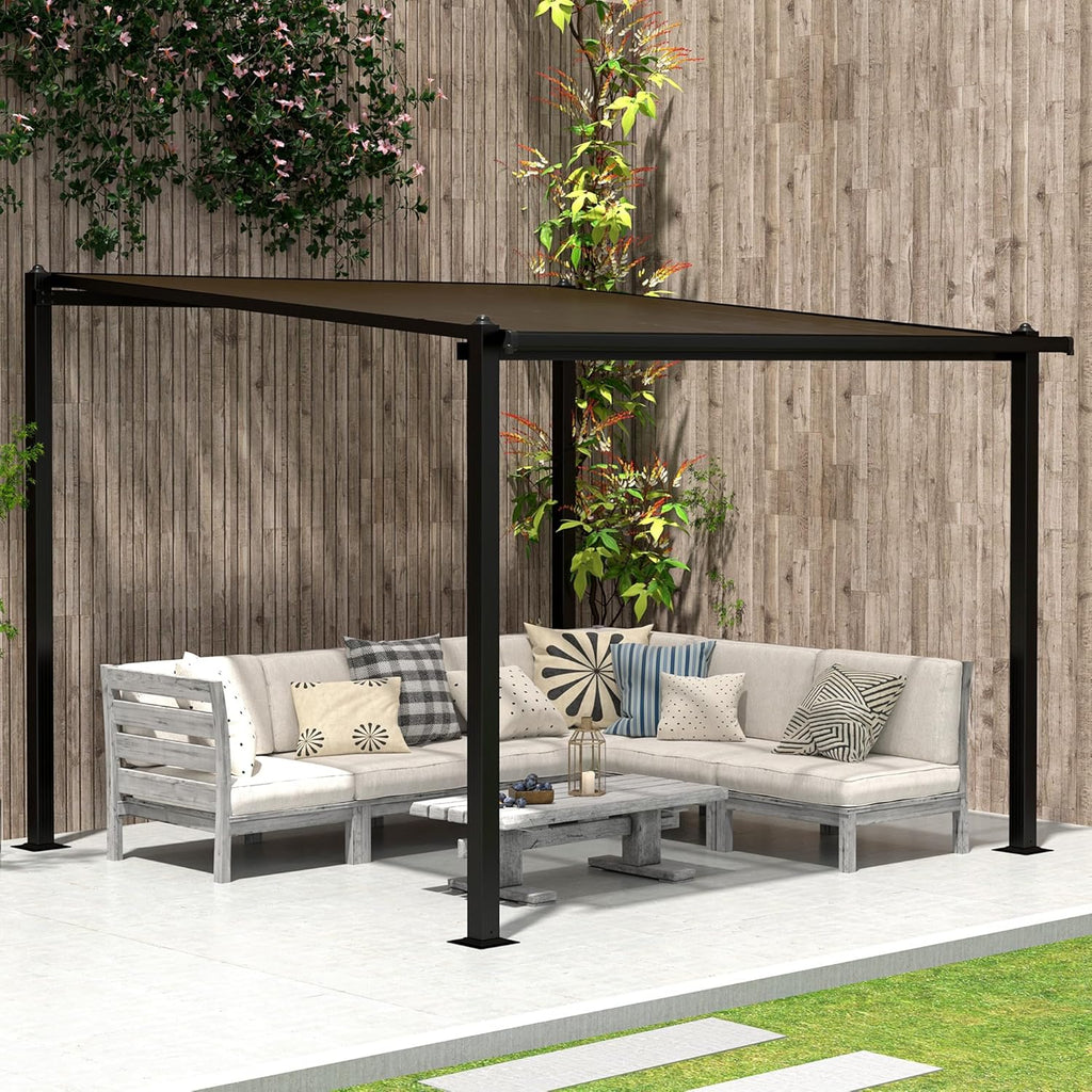 Pérgola de jardín Outsunny para exteriores de aluminio, 3 x 3 m, pérgola adosada con techo de policarbonato impermeable, sistema de drenaje, cenador con protección solar UPF30+ para terraza, patio y jardín, gris