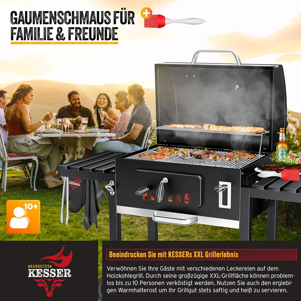 KESSER® Barbacoa de carbón XXL, carro de barbacoa con tapa y termómetro – gran carro de barbacoa de carbón, ahumador con chimenea y ventilación, con rejilla de cocción, rejilla de calentamiento y estante, incluye funda, cepillo y brocha