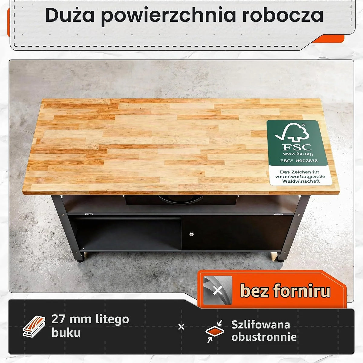 Ondis24 Stół warsztatowy Klaus 120 cm, metalowe drzwi zamykane, nogi z regulacją wysokości, wysokość robocza 85 cm, czarny blat bukowy