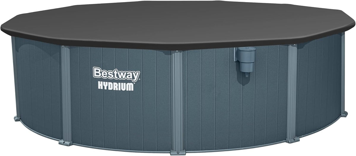 Set completo de piscina con pared de acero Bestway Hydrium redonda 488 x 132 cm, efecto madera gris, piscina de jardín, piscina elevada, filtro de arena