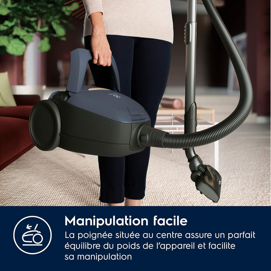 Electrolux Pure D8, controles remotos, aspiradora de trineo con bolsa, ultrasilenciosa, 57 dB, potencia automática inteligente, asa con controles y pantalla LED, PD82-8DB, azul denim