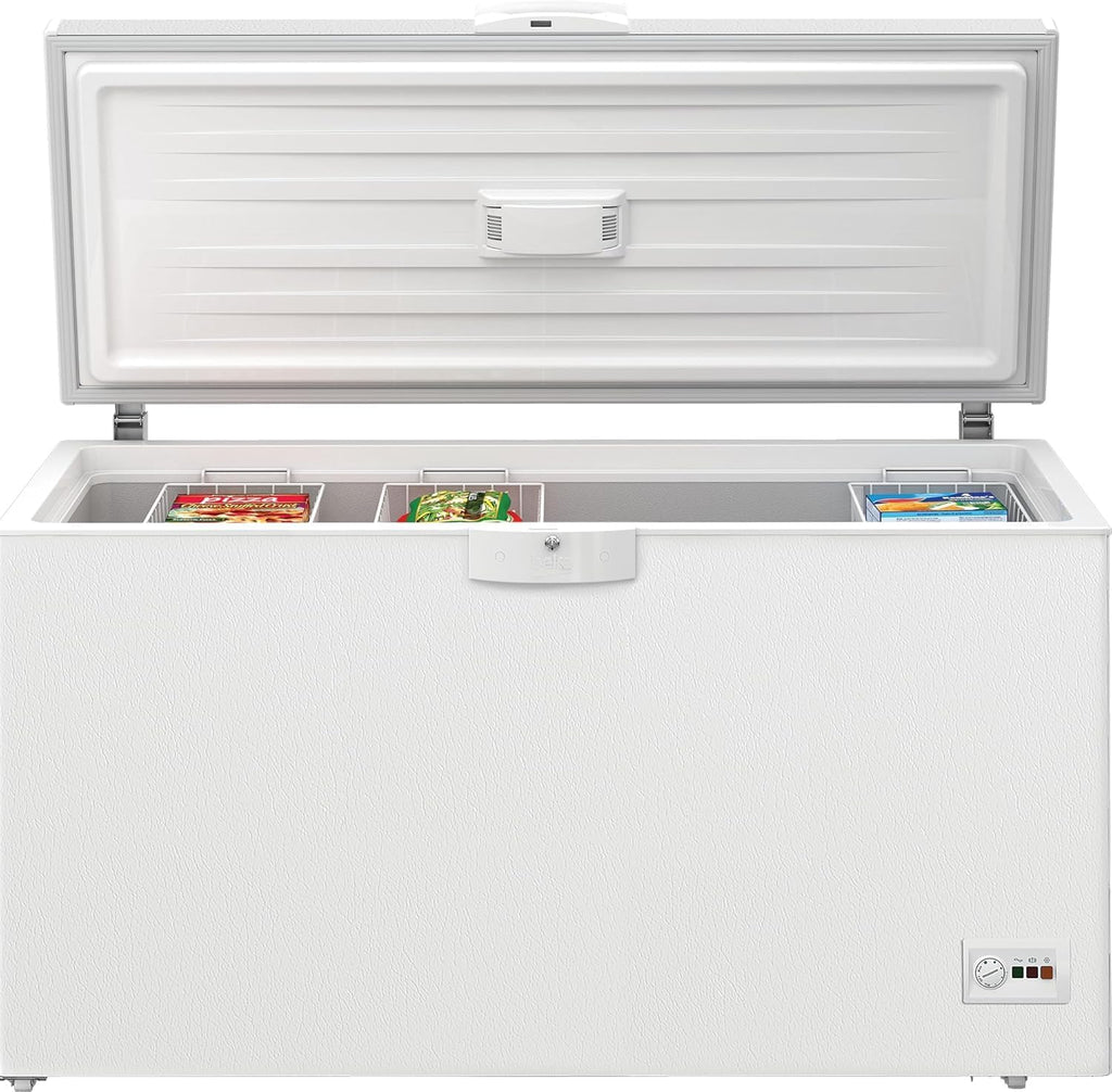 Congelador arcón Beko HSM46740 grande, 451 l de capacidad útil, 3 cestas de congelación, alarma de temperatura, bloqueable, iluminación interior, 36 db(A), blanco
