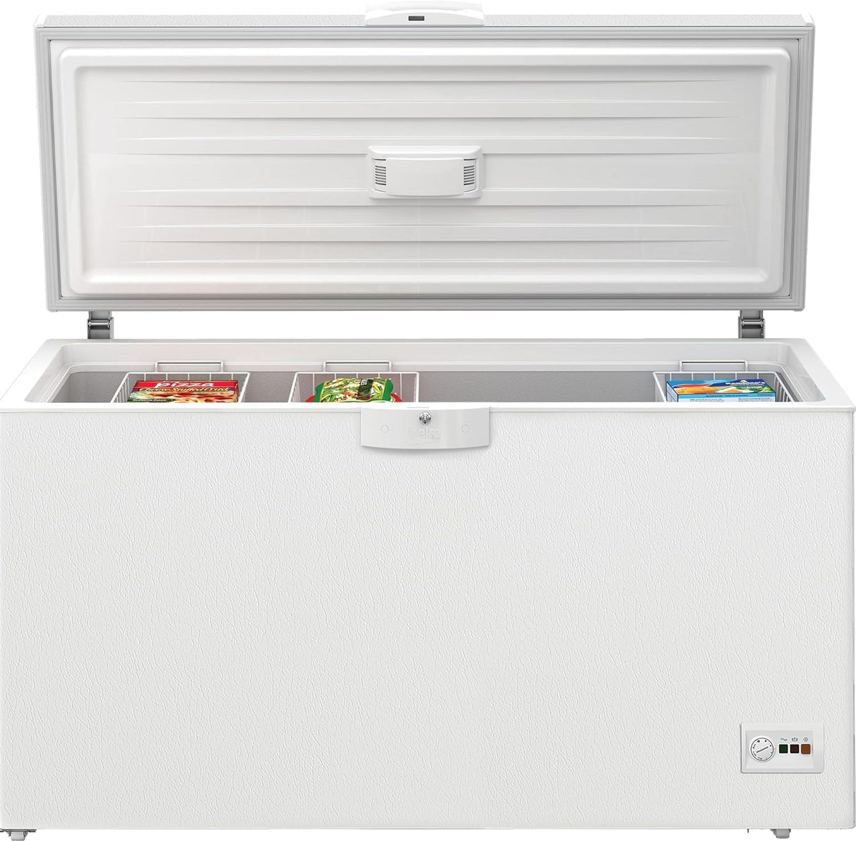 Congelador arcón Beko HSM46740 grande, 451 l de capacidad útil, 3 cestas de congelación, alarma de temperatura, bloqueable, iluminación interior, 36 db(A), blanco