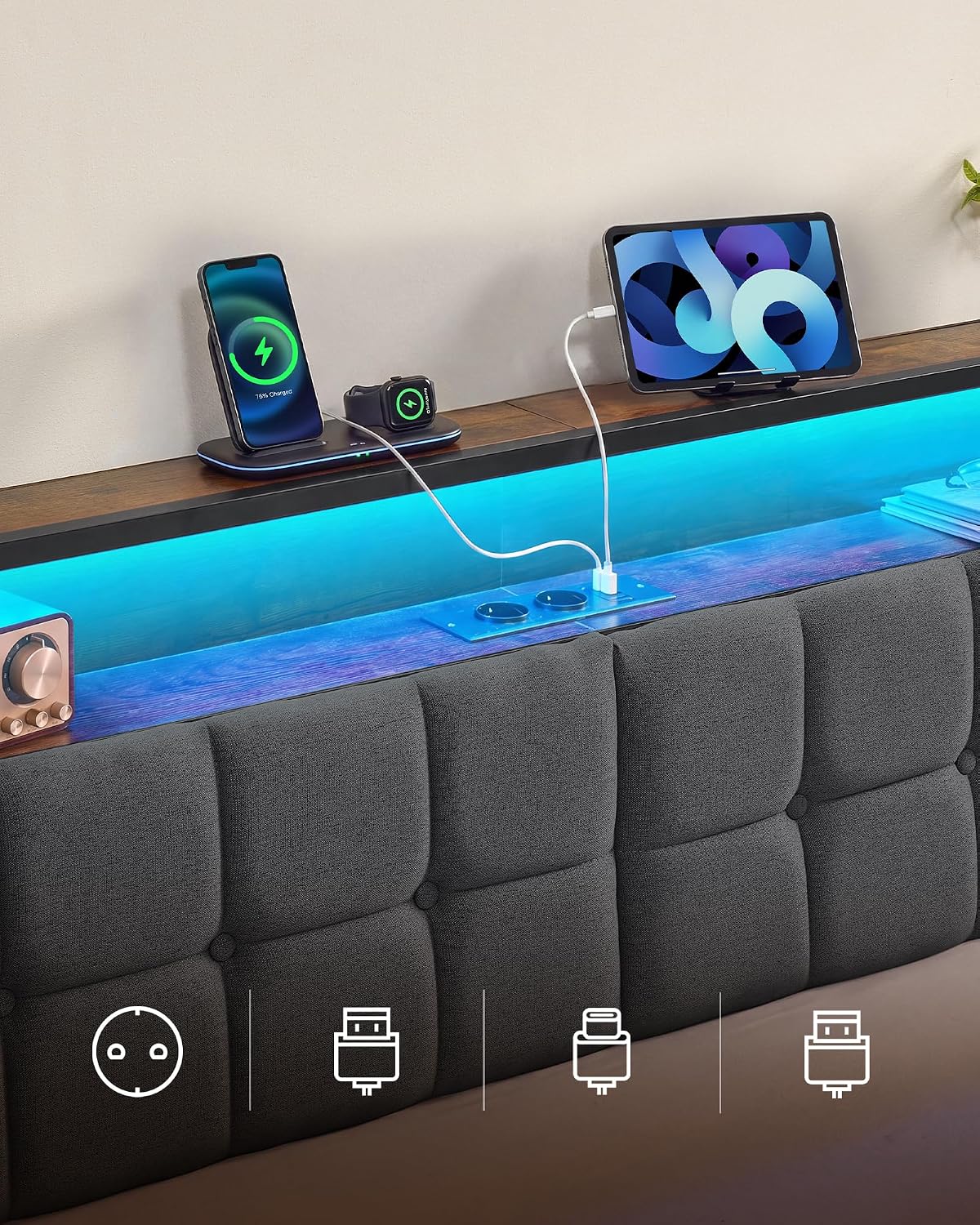 VASAGLE Rama Łóżka z Tapicerowanym Zagłówkiem, Oświetlenie LED, Porty USB