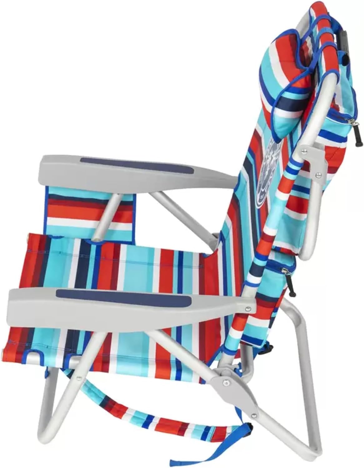Silla de playa Tommy Bahama modelo 2025. A rayas rojas y azules.