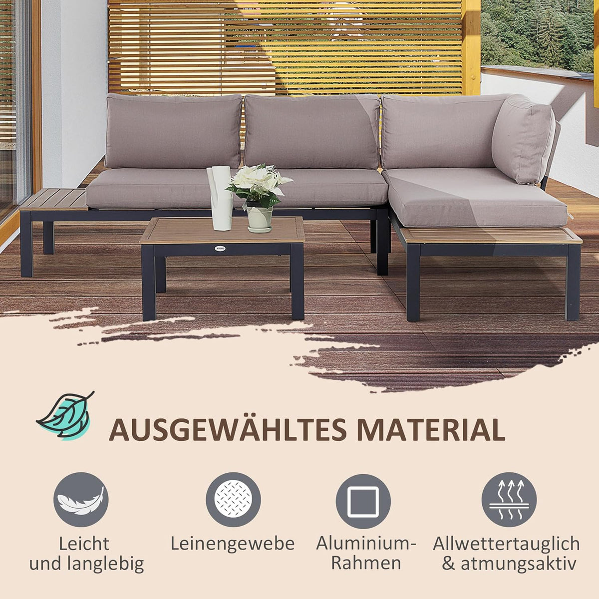 Set de muebles de jardín Outsunny de 3 piezas con mesa auxiliar, sofá con cojines, para exteriores, de aluminio, 164 x 74 x 69 cm