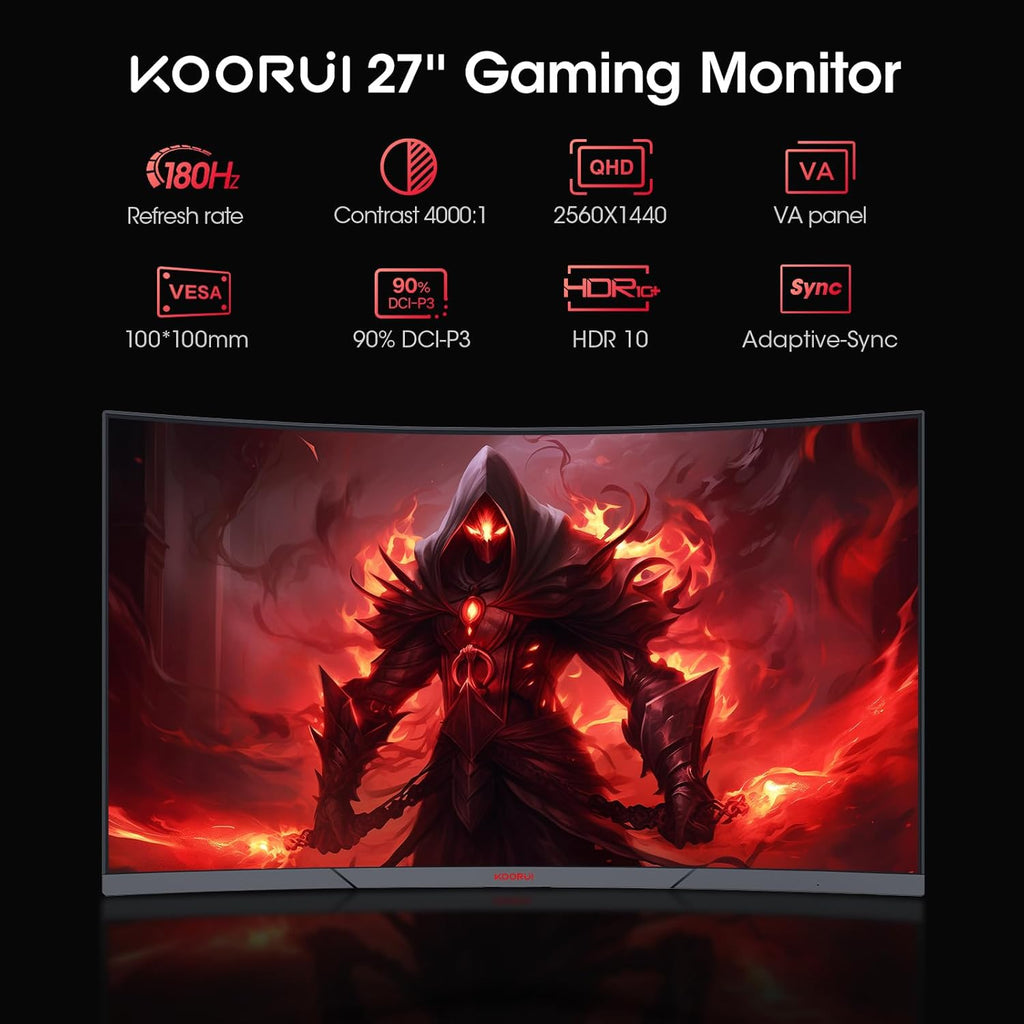 Monitor Gaming Curvo KOORUI de 27'', 1500R, Panel VA, Resolución QHD (2560x1440), 180Hz, 1ms, DCI-P3 85%, Bisel ultradelgado, Inclinación ajustable, Compatible con HDMI/DP