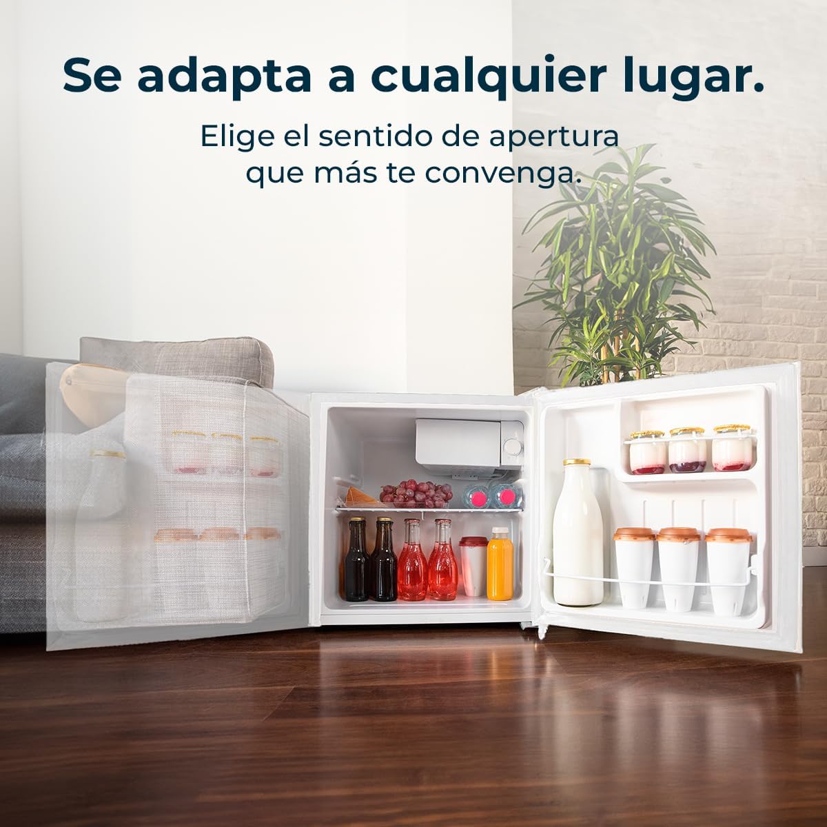 Cecotec Nevera Pequeña Frigorífico Mini Minibar 46L GrandCooler 20000 SilentCompress White E. Altura 48,7cm, 48 cm de ancho, bajo consumo, puerta reversible, funcionamiento cíclico, blanco